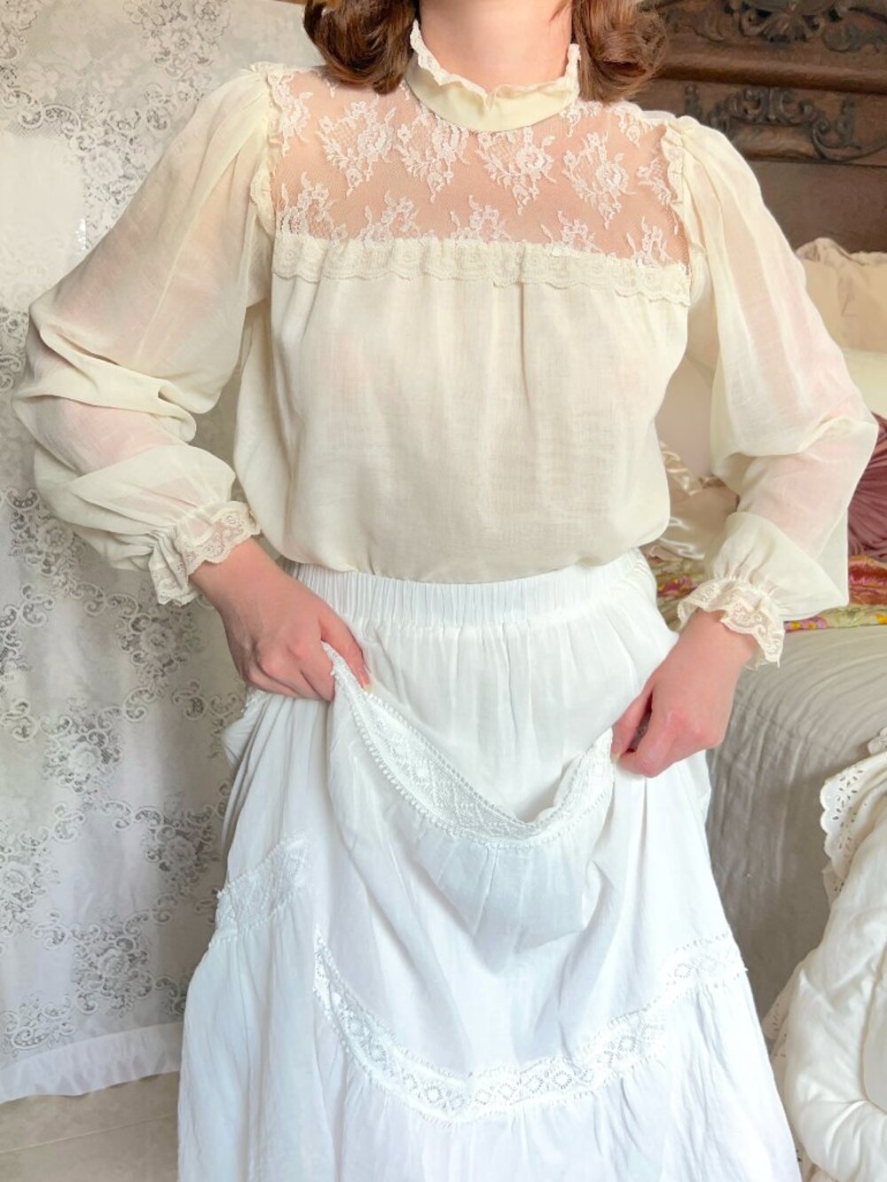 Vintage 70s Victorian Revival Ivory Blouse, Sheer Lace, Ribbon Bow Tie, Prairie
